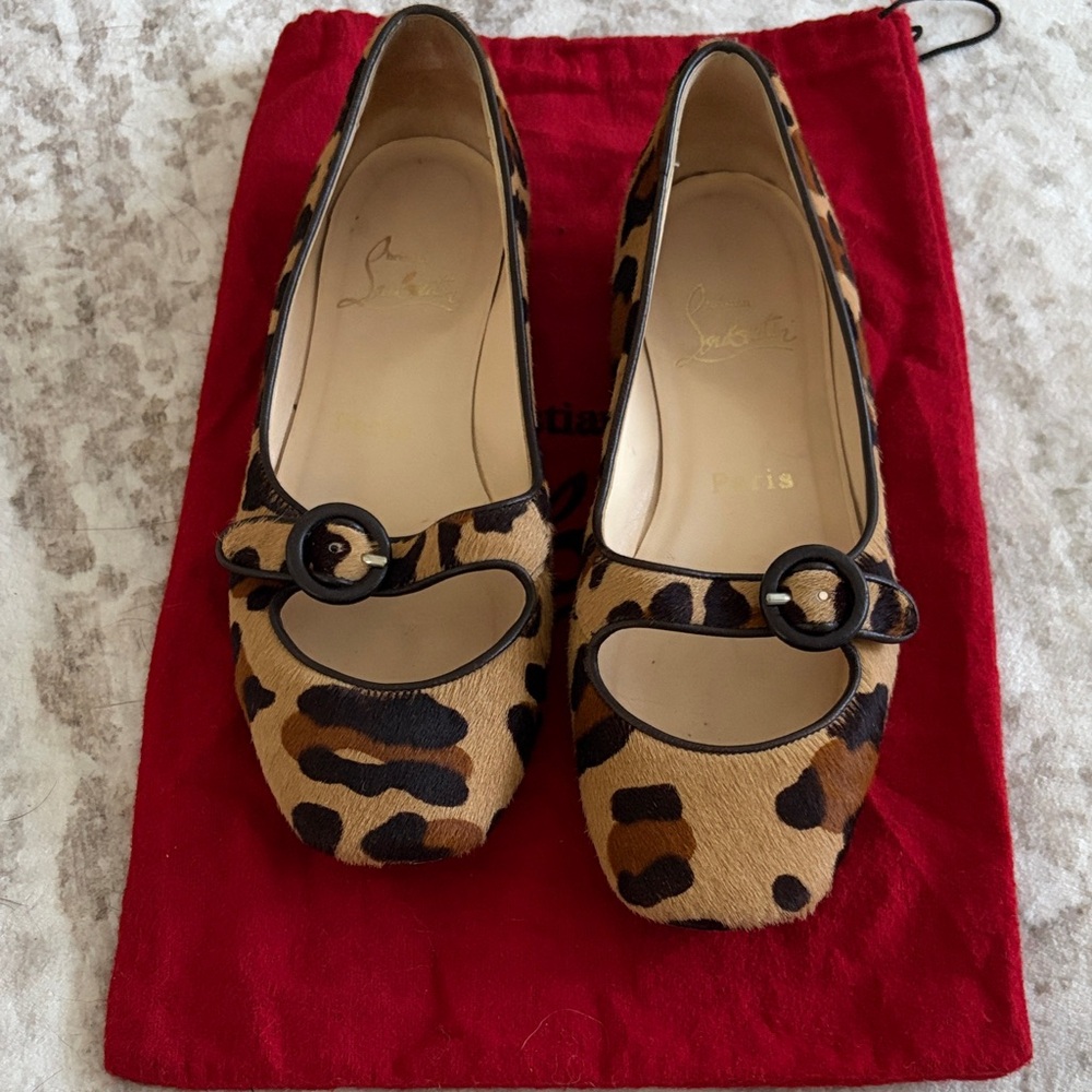 Christian Louboutin Leopard Print Fur Flats with Strap